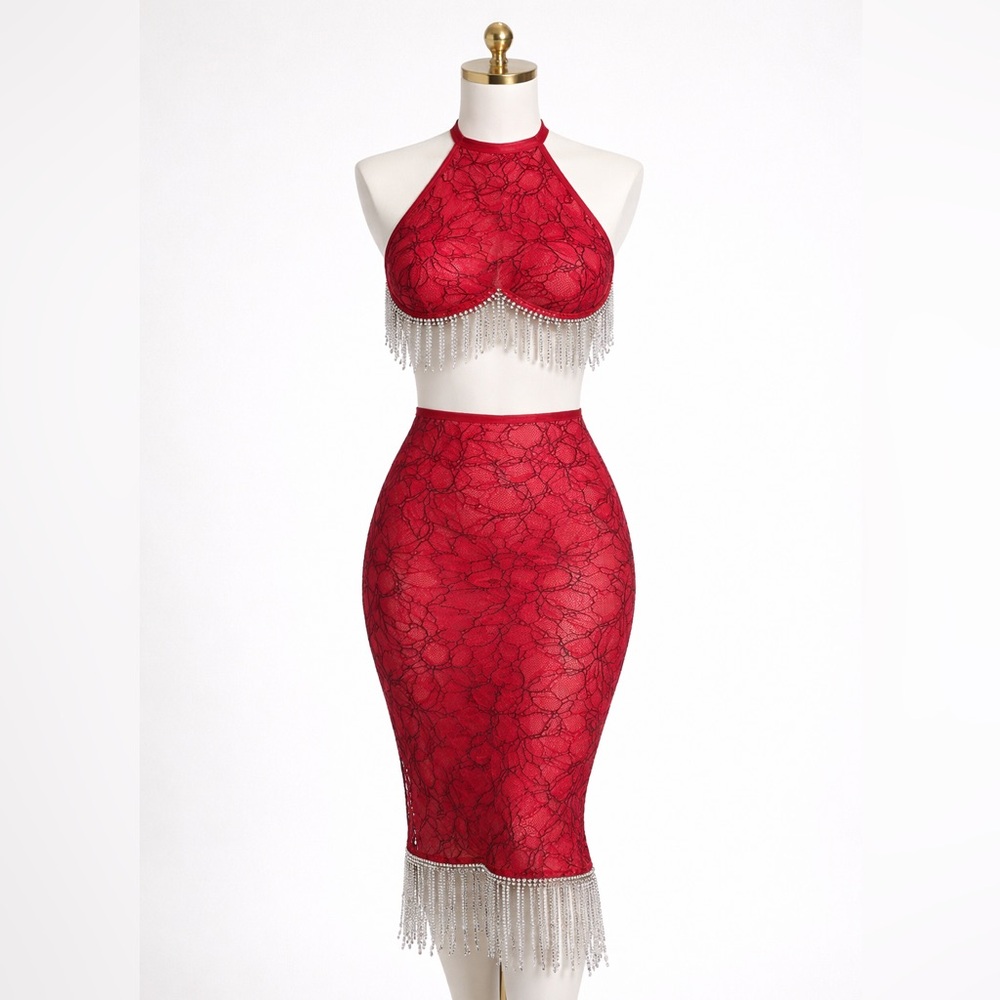 Dreamgirl | Red Lace Rhinestone Fringe Two-Piece Set | Halter Top | Midi Skirt